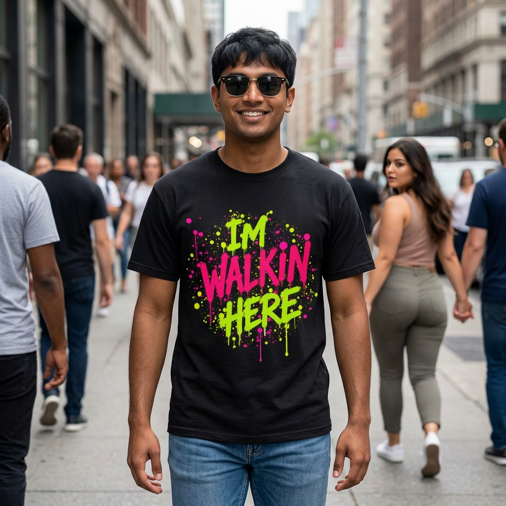 I'M WALKIN HERE Graffiti T-Shirt — Bold Neon Urban Streetwear