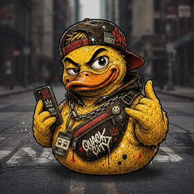 Illustrated duck character wearing a cap, jacket, and holding a phone on a white background