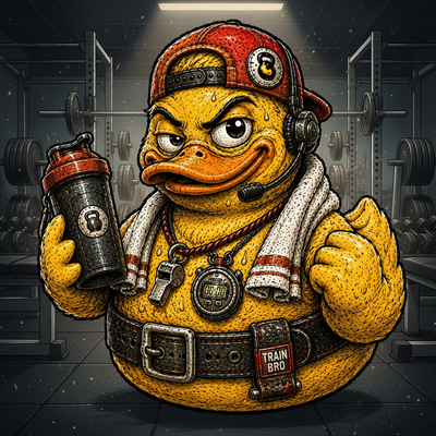 Cartoon duck character wearing a cap, headphones, and holding a shaker bottle on a white background