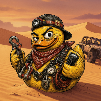 Illustration of a duck character in a rugged outfit with tools on a green background