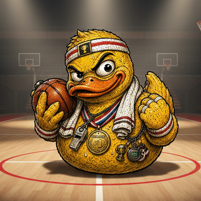 Cartoon duck character dressed as a sports player with medals and a basketball.
