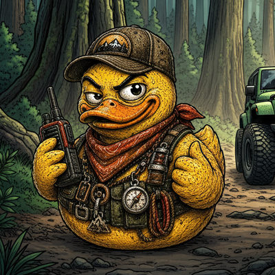 Illustration of a duck character in a rugged outfit with a walkie-talkie on a green background